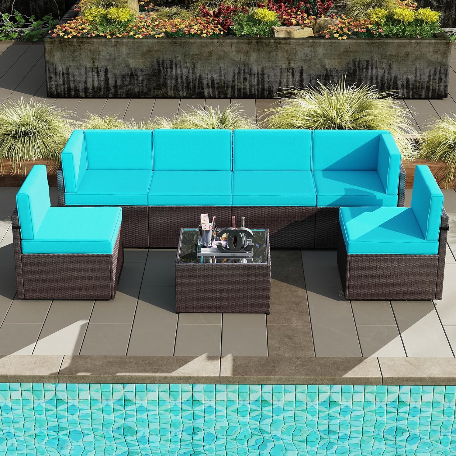 Peach Tree 7 PCs Outdoor Patio PE Rattan Wicker Sofa Sectional Furniture Set