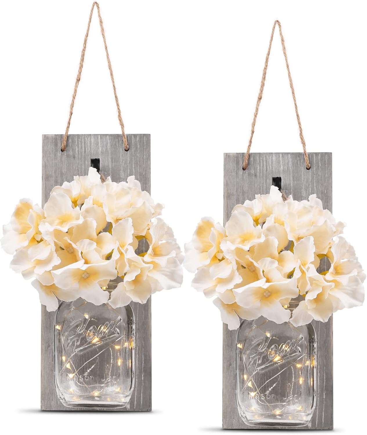 HOMKO Mason Jar Wall Decor with LED Fairy Lights and Flowers