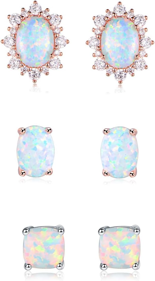 GEMSME 18K White Gold Plated Opal Stud Earrings