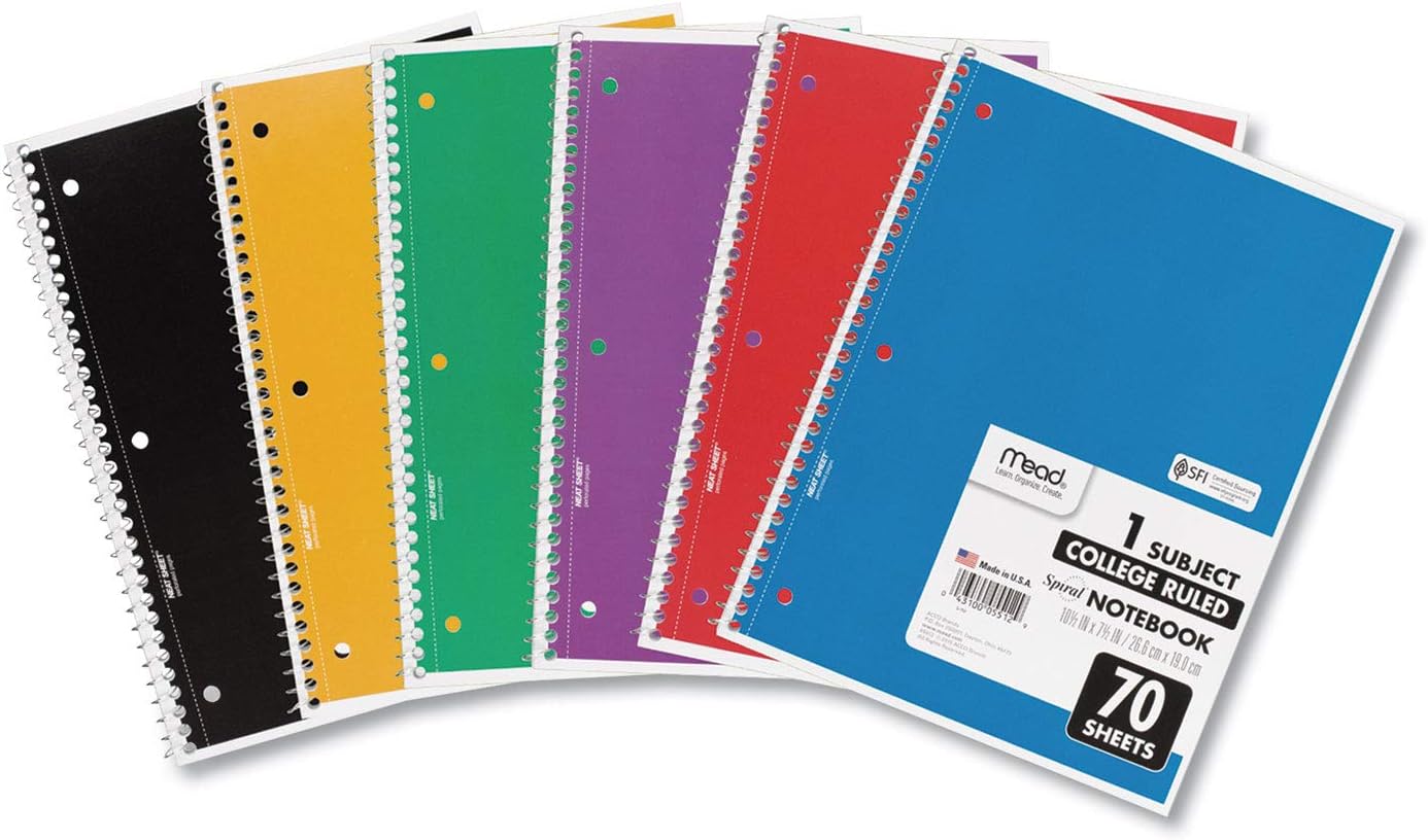 Mead Spiral Notebooks, 1 Subject, College Ruled Paper, 70 Sheets, 10-1/2" x 7-1/2", Assorted Colors, 6 Pack (73065)