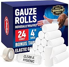 Gauze Rolls - 24 Pack - 4" x 4.1yd Breathable Rolled Gauze - Individually Wrapped with Bonus Tape - First Aid Conforming Stretch Wrap for Wounds - Mummy Wrap