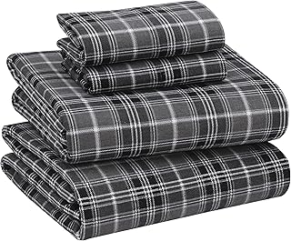 RUVANTI Flannel Sheets Queen Size - 100% Cotton Double Brushed Bed Sheets, Deep Pockets 16 Inches Queen Sheet Set, All Seasons Breathable & Extra Soft - Warm & Cozy, 4 Piece, Grey Plaid