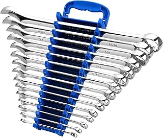 Max Torque 15-Piece Premium Combination Wrench Set, Complete SAE Inch Sizes from 1/4” to 1” with Rack Organizer | Cr-V Steel, Mirror Chrome Finish, Long Pattern, V-Groove Open End and 12-Point Box End