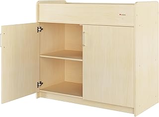 Foundations SafeSwing Daycare Changing Table, Formerly SafetyCraft - Durable Wood Cabinet with 2 Built-in Shelves - Storage w/Soft Close Hinges, Includes Durable Mattress Pad - Natural