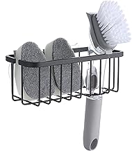 SunnyPoint NeverRust Deluxe Kitchen & Bathroom Sink Sponge Holder Organizer with Adhesive Mount - Additional Suction Cup Included – Sponge & Brush NOT Included – 7.4 x 3.3 x 2.75 Inch, BLK