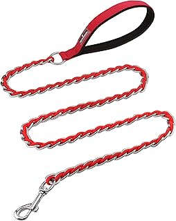 Chew Proof Metal Leash Chain Dog Leash for Medium Large Dogs, Chain Link Anti Chew 4FT Strong Anti Bite Comfortable Soft Padded Handle red