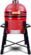 Ceramic Kamado Charcoal BBQ Grill and Smoker, Stainless Steel Grates -15" Ceramic with Tall Stand (RED)