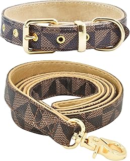 Check Pattern Leather Dog Collar Set