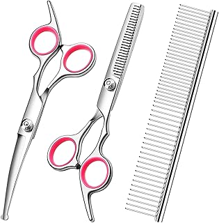 Dog Grooming Scissors with Safety Round Tips Stainless Steel Professional Dog Grooming Kit - Thinning, Curved Scissors and Comb for Cat Pet (Pink 4 in 1)