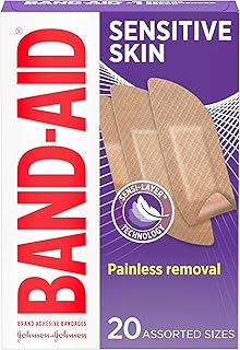 Band-Aid Brand Adhesive Bandages for Sensitive Skin, Hypoallergenic First Aid Bandages with Painless Removal, Stays on When Wet & Suitable for Eczema Prone Skin, Sterile, Assorted, 20 ct