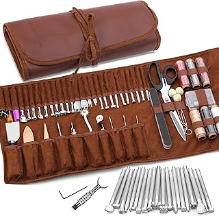 Leather Working Tools Leather Craft Tools for Carving Stamping Sewing Punching Cutting with Custom Custom Storage Bag Professional Tooling Kit for Crafting, Repair & DIY Projects