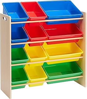 Amazon Basics Kids Toy Storage Organizer With 12 Plastic Bins, Natural Wood With Bright Bins, 10.9" D x 33.6" W x 31.1" H