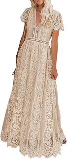 Women's V Neck Short Sleeve Floral Lace Wedding Dress Bridesmaid Cocktail Party Maxi Dress