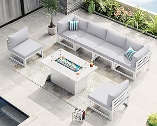 NICESOUL 7 Piece White Powder-Coated Aluminum Patio Furniture with Fire Pit Table, 29 Inch Extra Wide Outdoor Sectional Sofa for 6, High-End Heavy Duty L-Shaped Large Couch for Backyard, Light Gray