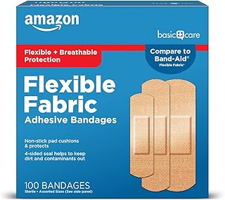 Amazon Basic Care Flexible Fabric Adhesive Bandages, First Aid and Wound Care Supplies, Assorted Sizes, 100 Count