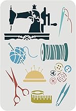 FINGERINSPIRE Sewing Machine Stencil for Painting - 11.7x8.3 inch Plastic Yarn Needle Buttons Template for Fabric Tiles Furniture Wood Decor