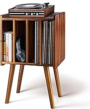 Wooden LP Record Player Stand with 4 Cabinets, Holds up to 100 Vinyls, Metal Record Storage Holder and Organizer Table, Classical Design for Files/Book (Mid-Century Modern)