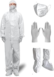 Hazmat Suits, Shoe Covers, Face Mask and A Pair of Nitrile Gloves all Included – 5 sizes Level III, Type A Coveralls
