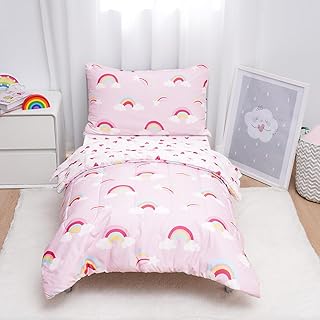 david's kids 4 Piece Toddler Bedding Set - Soft Breathable Toddler Bedding Set for Girls, Includes Quilted Comforter, Flat Sheet, Fitted Sheet and Pillowcase, Rainbow