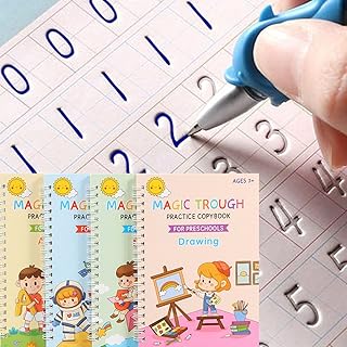 4 Pc Magic Grooved Practice Copybook,Reusable Grooved Writing Books,Handwriting Book Practice for Kids,Writing Practice for Kids Ages 3-8 Calligraphy (4pc+Pen) (4 Books with Pen)