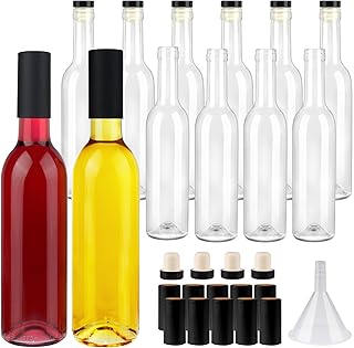 12 Pack 12oz Clear Glass Bottles with Cork Lids and PVC Shrink Capsules, 375 ml Empty Home Brewing Wine Bottles with Funnel for Sparkling Wine, Juice, Kombucha, Beverages