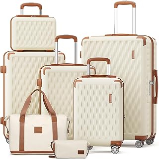 Luggage Sets 7 Piece Hard Shell Carry on Suitcase with Spinner Wheels and TSA Lock, Lightweight Travel Duffel Bag for Women, Beige Brown