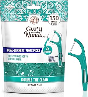 GuruNanda Dual Slickers Floss Picks - Double Threaded Dyneema Dental Floss with Foldable Toothpick for Effective Plaque Removal - Unflavored- 150 Ct