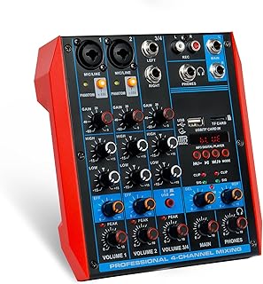 4 Channel Audio Mixer Portable Mini Sound Board Console with USB Audio Interface 48V Phantom Power Bluetooth USB MP3 DJ Mixer for Live Performance DJ Stage