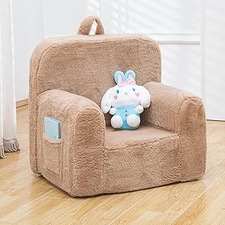 Snuggly-Soft Cuddly Toddler Plush Armchair for Boys and Girls Fuzzy Plush Kids Sofa Couch Reading Chair with Children Friendly Handle for Easy Movement & Double Pockets for Good Storage, Camel