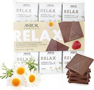 Astor Chocolate Relax Milk Chocolate Chamomile Raspberry Squares Gift Set | Chocolate Lovers Mini Bar Box l 18pc Individually Wrapped Relaxing Belgian Bite Size Chocolate Basket | 0.33oz Each Minibar Gourmet Snack | Kosher Food Candy Holiday Bars