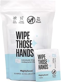 MightyGood Wipe Those Hands Individually Wrapped Antibacterial Wipes (30 count) Fragrance and alcohol free, hypoallergenic wipe for hands - Travel friendly