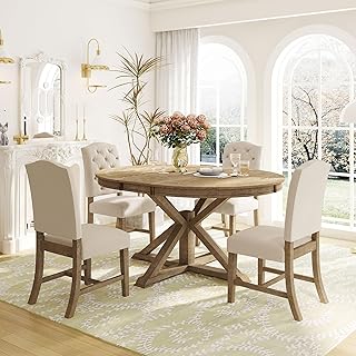 Round Dining Table Set for 4, Extendable Kitchen Table Set with 4 Upholstered Chairs, Farmhouse Dining Sets for Kitchen, Dining Room, Natural