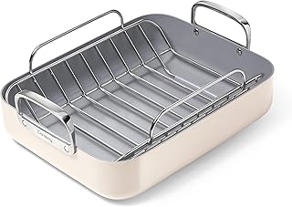 Caraway Roasting Pan - 16x13” Roasting Pan with Rack - Non-Stick Ceramic Coated - Non Toxic, PTFE & PFOA Free - Oven Safe & Compatible with All Stovetops - Cream
