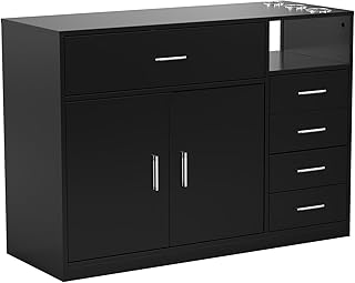 OmySalon Salon Station Free Standing Cabinet, Barber Hair Styling Stations, Beauty Dresser Spa Bathroom Equipment with 5 Drawers, 1 Storage Cabinet, 3 Hair Dryer Holders, Black