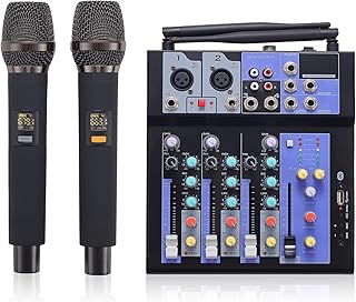 Professional Audio Mixer with Dual Wireless Mic, 4 Channel Mixer Board Sound Board DJ Mixer Console System MP3 Bluetooth 48V Phantom Power USB Interface for Home Karaoke Party