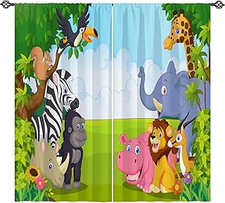 Kids Animal Curtains W42 x L63 Inch Rod Pocket Jungle Safari Wildlife Zoo Elephant Giraffe Lion Print Pattern Privacy Fabric Window Drapes for Boys Bedroom Nursery Baby Playroom 2 Panels