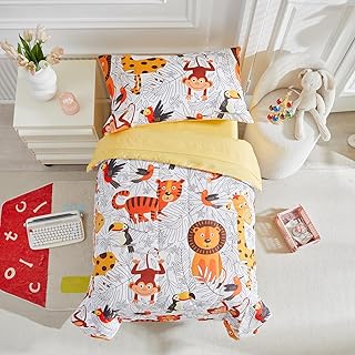 4 Pieces Toddler Bedding Set for Boys Girls - Cartoon Jungle Animals Print White Bed in a Bag - Colorful Comforter Set With Lion, Tiger, Monkey and Giraffe - Orange Yellow