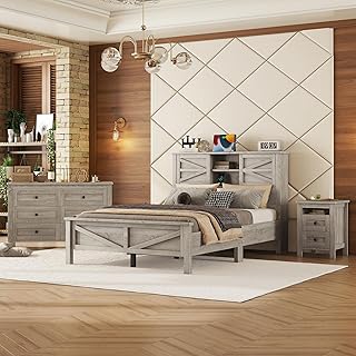 SOFTSEA 3 Pieces Farmhouse Bedroom Set - Full Size Platform Bed with Barn Door Headboard and Nightstand and Dresser,Solid Wood Slats Support, Noiseless, Gray