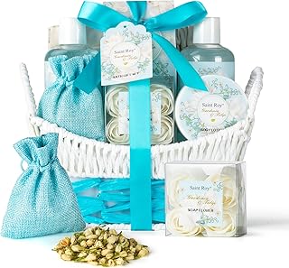 Christmas Gifts for Women bath basket, Spa Gift Baskets for Women, Gardenia Tulip Home Spa Kit with Cosmetic Bag gift woman, Bath & Body Basket Set 8Pcs Bath and Body Gifts Set, Luxury Spa baskets
