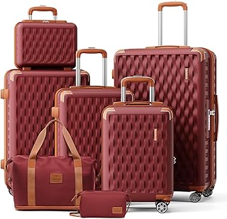 Luggage Sets 7 Piece Hard Shell Carry on Suitcase with Spinner Wheels and TSA Lock, Lightweight Travel Duffel Bag for Women, Men, Red Brown