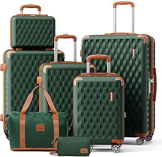 Luggage Sets 7 Piece Hard Shell Carry on Suitcase with Spinner Wheels and TSA Lock, Lightweight Travel Duffel Bag for Women, Men, Green Brown