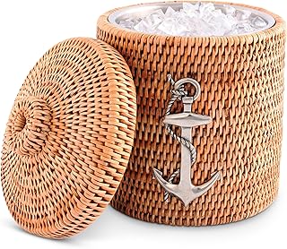 Vagabond House Inspiring Beach Essentials - Luxury Double-Walled Wicker Rattan Ice Bucket with Pewter Metal Anchor, Durable Outdoor Cooler Side Table for Beach House Coastal Boating Lidded ice cooler
