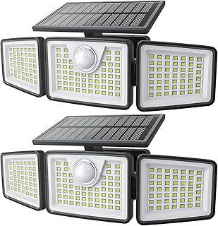 2500LM Solar Lights Outdoor with Motion Sensor,3 Head 270° Wide Angle Street Area Lights, IP65 Waterproof Security Lighting with 3 Modes(Non-Remote,2 Pcs)