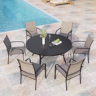 7 Pieces Outdoor Table and Chairs, Patio Dining Set for 6 Includes 54" Round Outdoor Table and 6 Patio Chair Set, Outdoor Dining Furniture Set for Lawn Backyard Deck, Brown