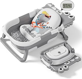 Collapsible Baby Bathtub for Newborn, Foldable Baby Bath Tub with Thermometer & Soft Floating Cushion & Drain Hole, Portable Travel Infant Bath Tubs for Newborns to Toddlers 0-36 Months Boys, Grey