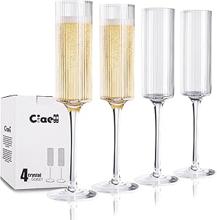 Ciaell Champagne Flutes Set of 4 - Vintage Ribbed Crystal Hand Blown Champagne Glasses With Long Stem - Elegant Sparkling Wine Stemware - Unique Gift for Birthday, Wedding, Anniversary & Daily Use