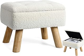 Storage Ottoman, Small Foot Stool Ottoman with Storage, Boucle Teddy Velvet Foot Rest with Padded Seat, Sturdy Wood Legs Stool for Living Room, Bedroom, Couch, Enterway (Cream)