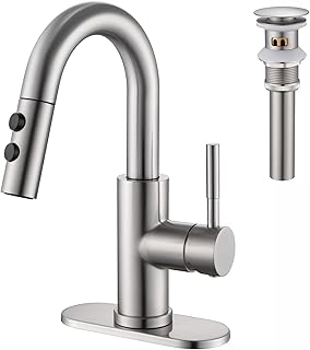 Bathroom Sink Faucet with Pull Down Sprayer, Brushed Nickel Single Handle Pull Out Faucet with Pop-Up Drain, 1 or 3 Hole Laundry Bar Basin Faucet with Deck Plate, KBL-7002BN-CL