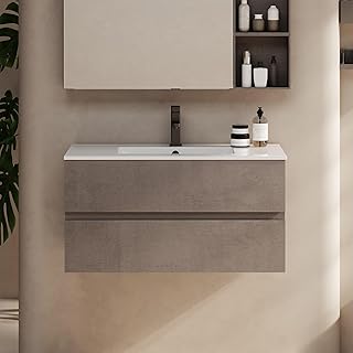eclife 36" Wall Mounted Bathroom Vanity with Sink Combo Set, Floating Bathroom Storage Cabinet w/Bevelled Invisible Handles, 2 Drawers, Cement Grey (Sink Faucet Included)