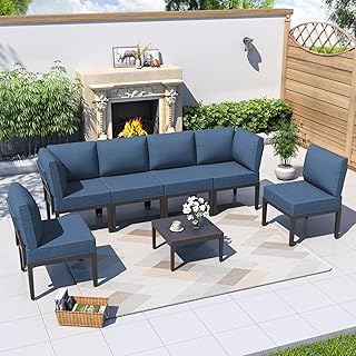 Kurapika 7 Pieces Metal Patio Furniture Set Modern Metal Outdoor Conversation Sets, Patio Sectional Sofa w/5 Inch Cushion and Coffee Table, Navy Blue
